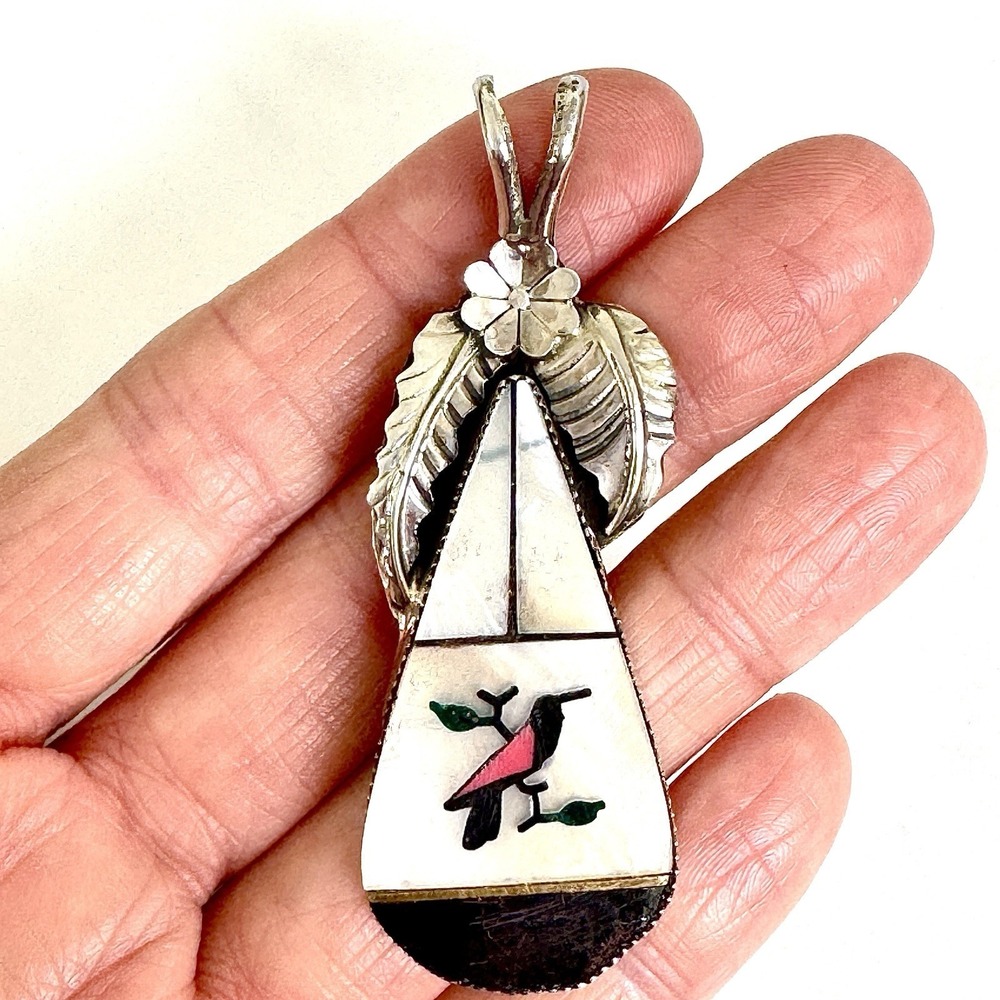 Zuni Inlay Bird Pendant Signed HM Red Winged Black Native Amer‎ USA Turquoise